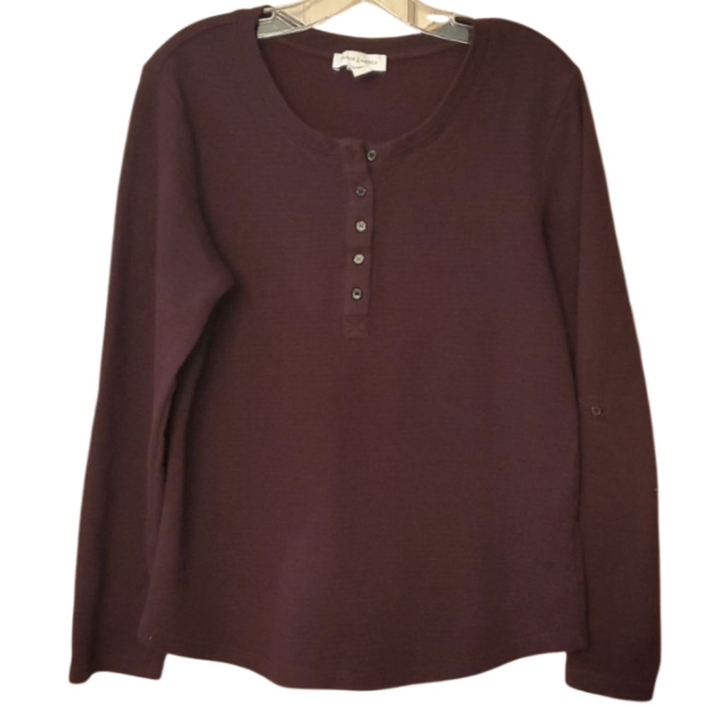 Vintage America Womans Size Large Maroon Striped Henley Tabbed Shirt